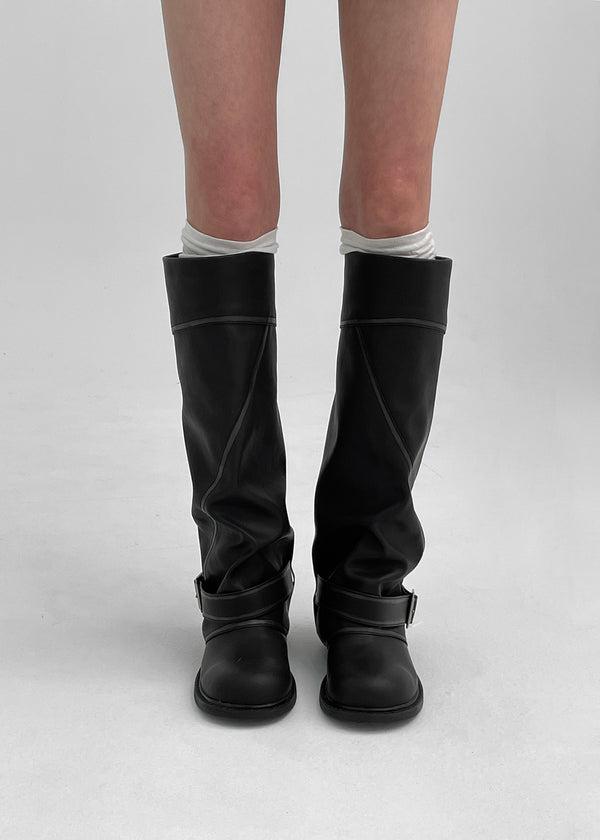 Betmon Washed Leather Buckle Long Boots