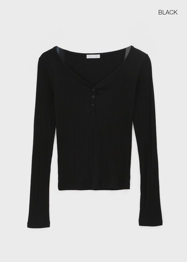 Netsua V-neck Button-up Long-sleeve T-shirt