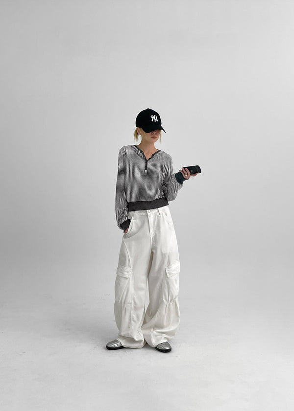 Rocker Henley Neck Striped Hooded Long Sleeve T-shirt