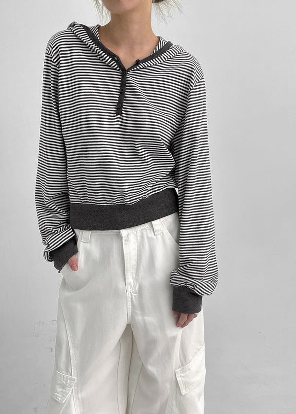 Rocker Henley Neck Striped Hooded Long Sleeve T-shirt