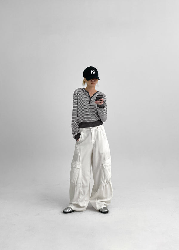 Rocker Henley Neck Striped Hooded Long Sleeve T-shirt