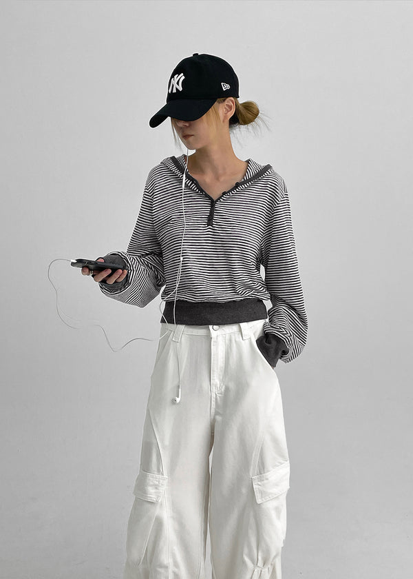 Rocker Henley Neck Striped Hooded Long Sleeve T-shirt