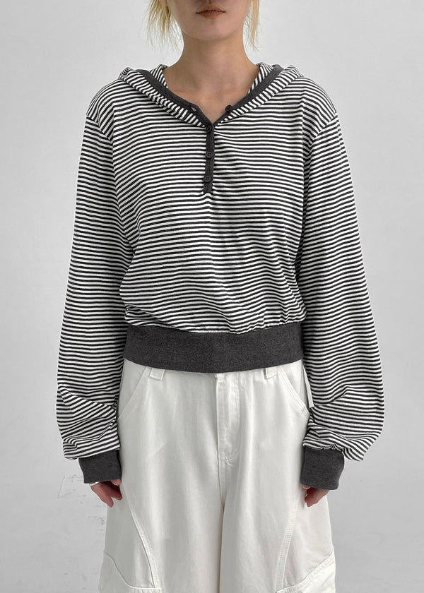 Rocker Henley Neck Striped Hooded Long Sleeve T-shirt