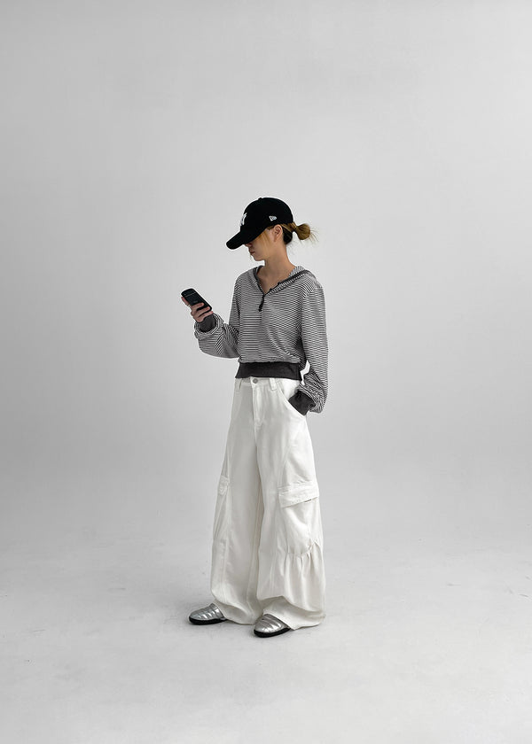 Rocker Henley Neck Striped Hooded Long Sleeve T-shirt