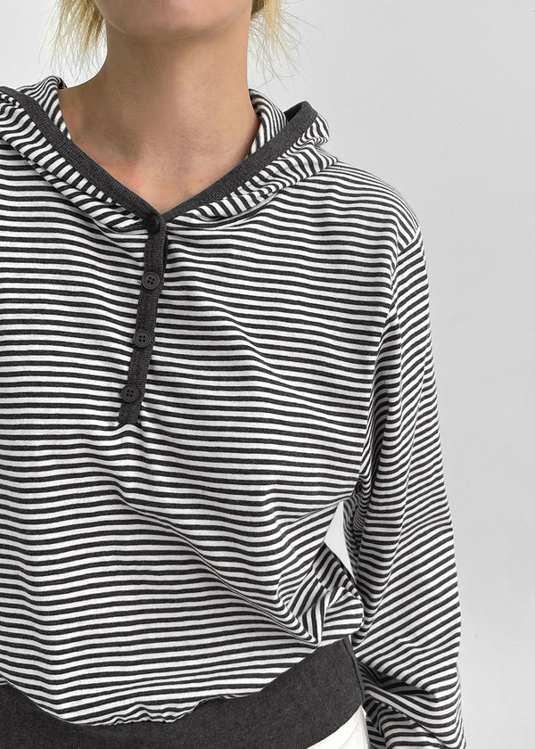 Rocker Henley Neck Striped Hooded Long Sleeve T-shirt