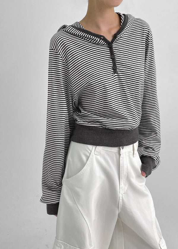 Rocker Henley Neck Striped Hooded Long Sleeve T-shirt