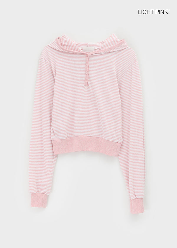 Rocker Henley Neck Striped Hooded Long Sleeve T-shirt