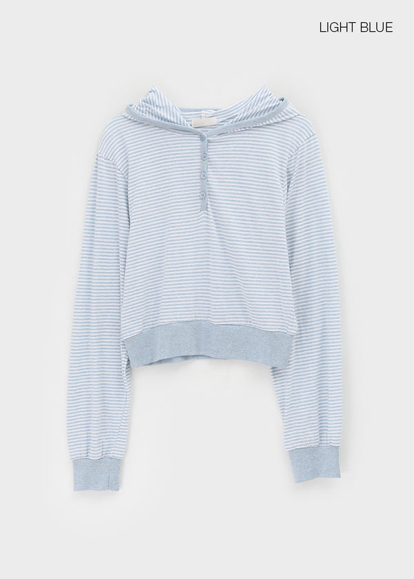 Rocker Henley Neck Striped Hooded Long Sleeve T-shirt