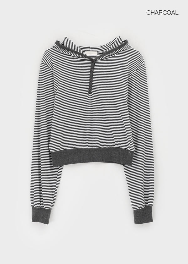 Rocker Henley Neck Striped Hooded Long Sleeve T-shirt