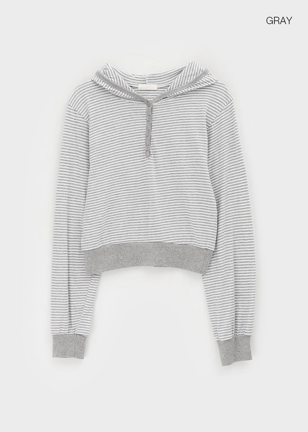 Rocker Henley Neck Striped Hooded Long Sleeve T-shirt