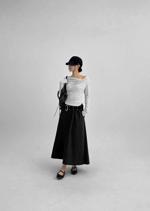 Parsley Rounding Unbalanced Shirring Long Sleeve T-shirt