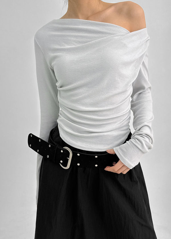 Parsley Rounding Unbalanced Shirring Long Sleeve T-shirt