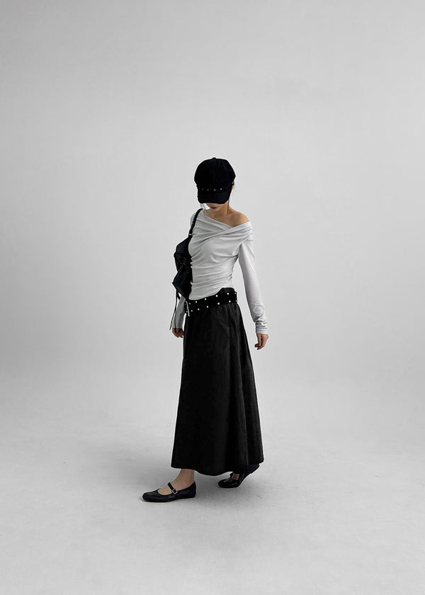 Parsley Rounding Unbalanced Shirring Long Sleeve T-shirt