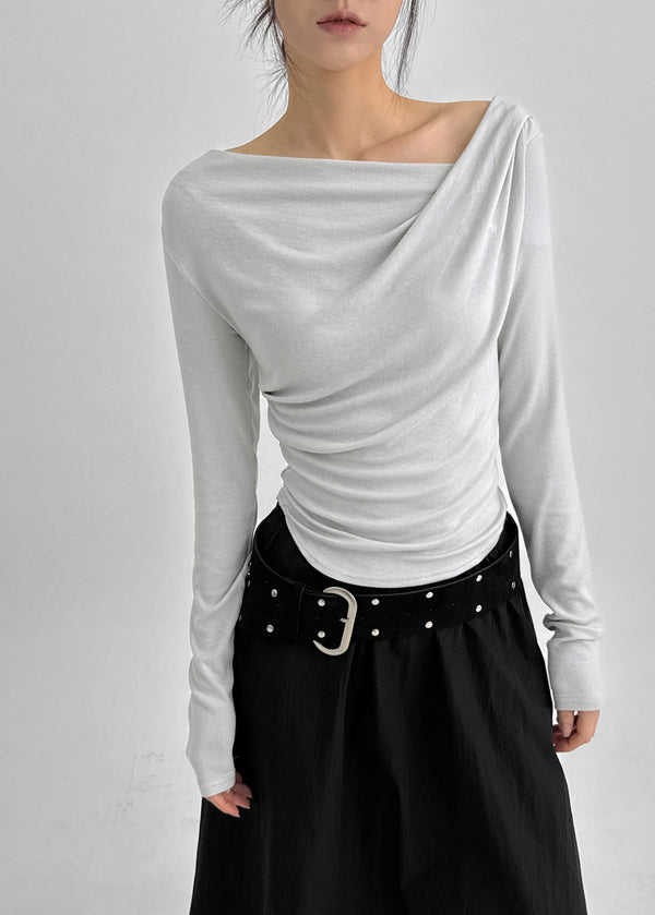 Parsley Rounding Unbalanced Shirring Long Sleeve T-shirt