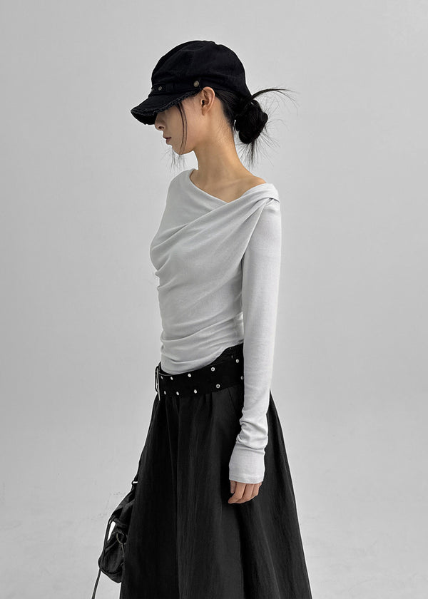 Parsley Rounding Unbalanced Shirring Long Sleeve T-shirt