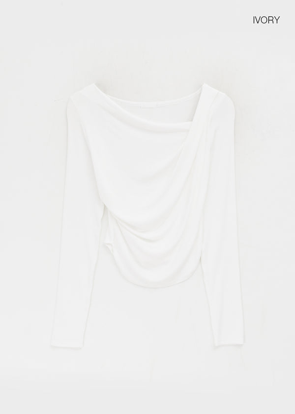 Parsley Rounding Unbalanced Shirring Long Sleeve T-shirt