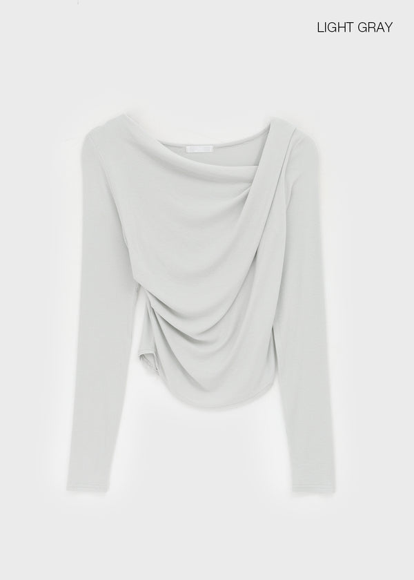 Parsley Rounding Unbalanced Shirring Long Sleeve T-shirt