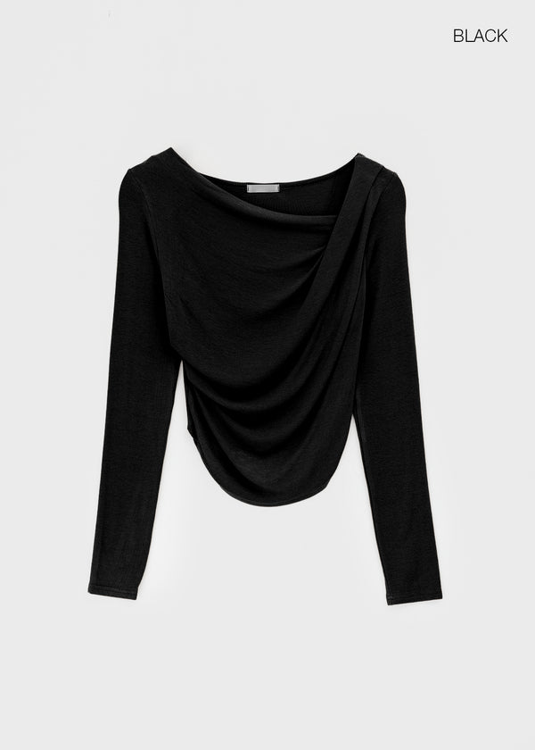 Parsley Rounding Unbalanced Shirring Long Sleeve T-shirt