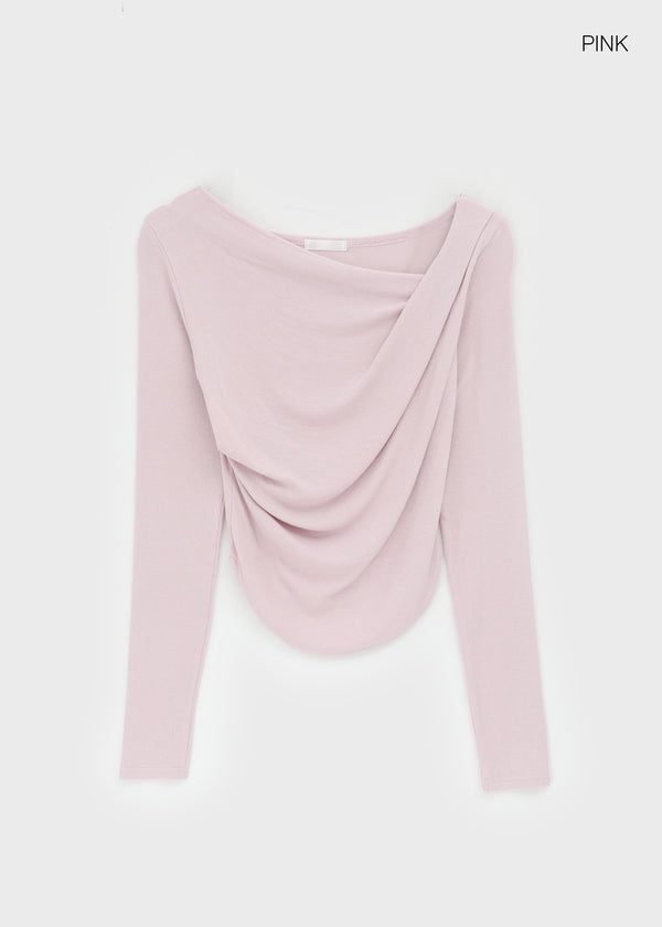 Parsley Rounding Unbalanced Shirring Long Sleeve T-shirt