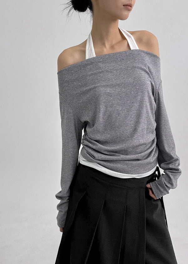 Canny Halter Layered Off-shoulder Long Sleeve T-shirt