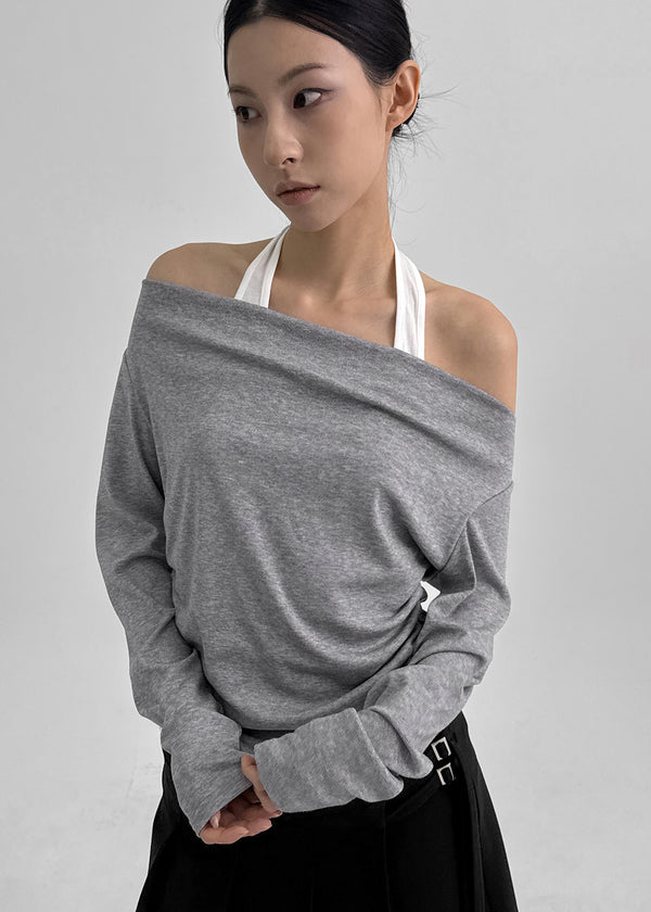 Canny Halter Layered Off-shoulder Long Sleeve T-shirt