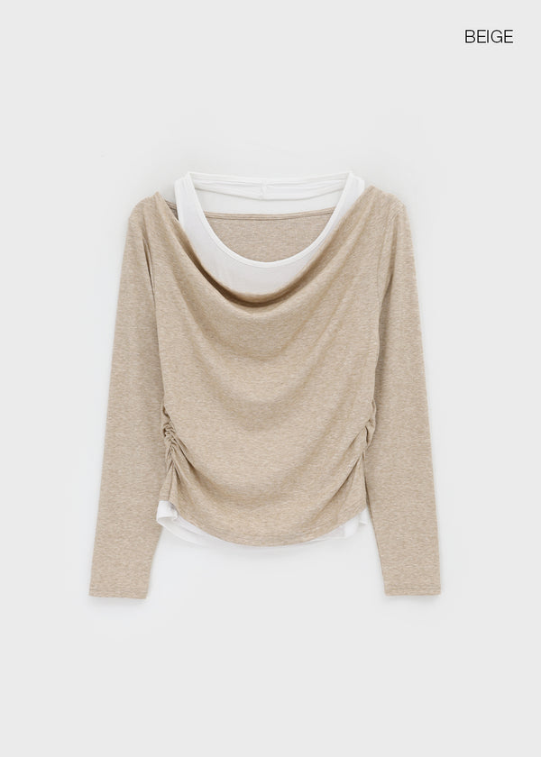 Canny Halter Layered Off-shoulder Long Sleeve T-shirt