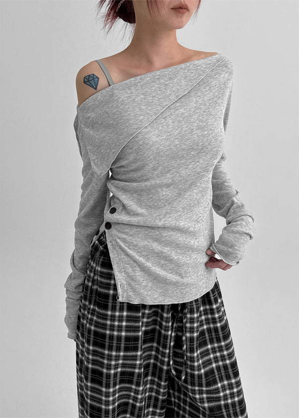 Kariko Off-shoulder Slit Button Long-sleeved T-shirt