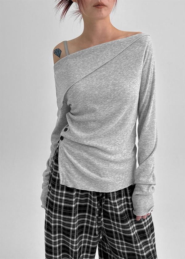 Kariko Off-shoulder Slit Button Long-sleeved T-shirt