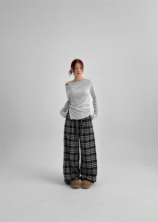 Kariko Off-shoulder Slit Button Long-sleeved T-shirt