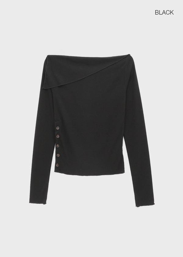 Kariko Off-shoulder Slit Button Long-sleeved T-shirt