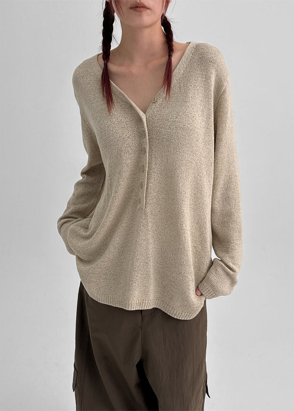 Hava Loose Fit Slit Henley Neck Knit Long Sleeve Tee