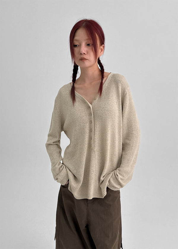 Hava Loose Fit Slit Henley Neck Knit Long Sleeve Tee