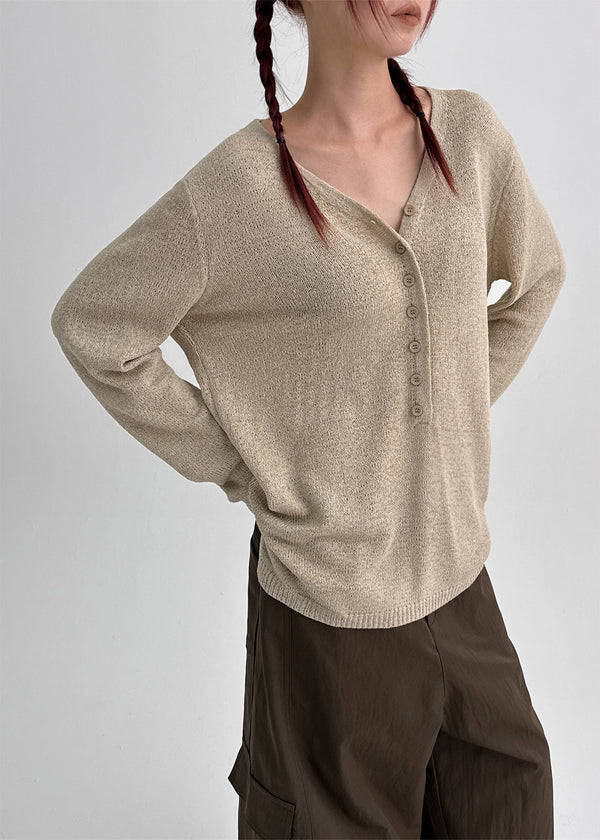 Hava Loose Fit Slit Henley Neck Knit Long Sleeve Tee