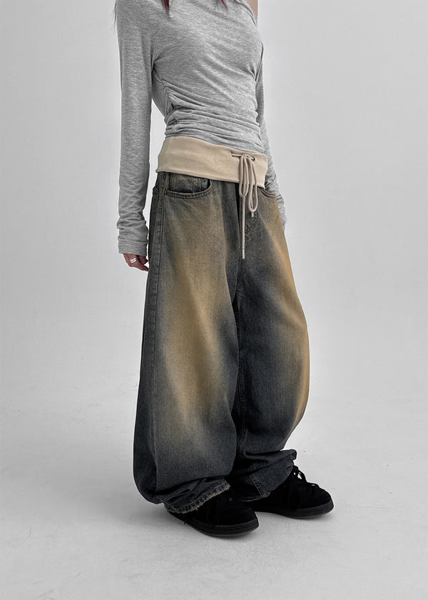 Tumble Washed Folding Wide Denim Pants