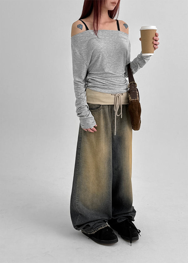 Tumble Washed Folding Wide Denim Pants
