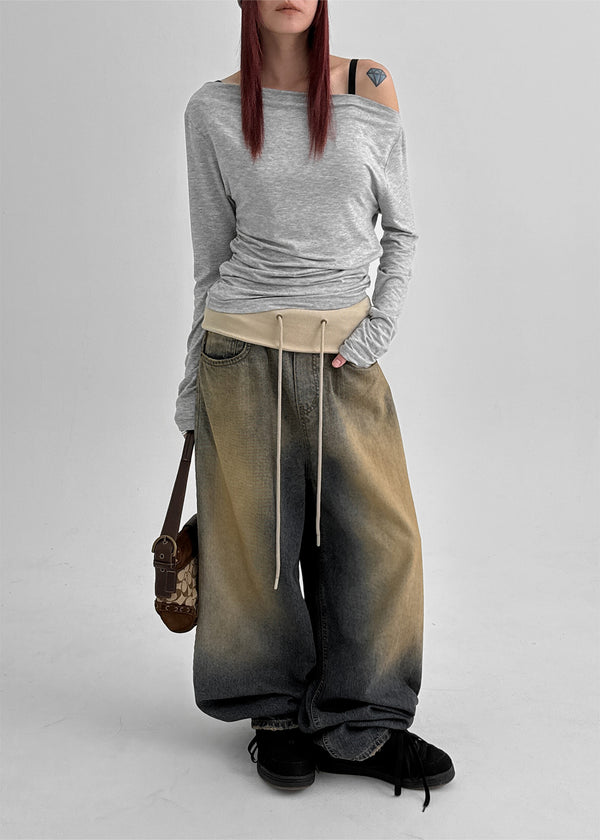 Tumble Washed Folding Wide Denim Pants