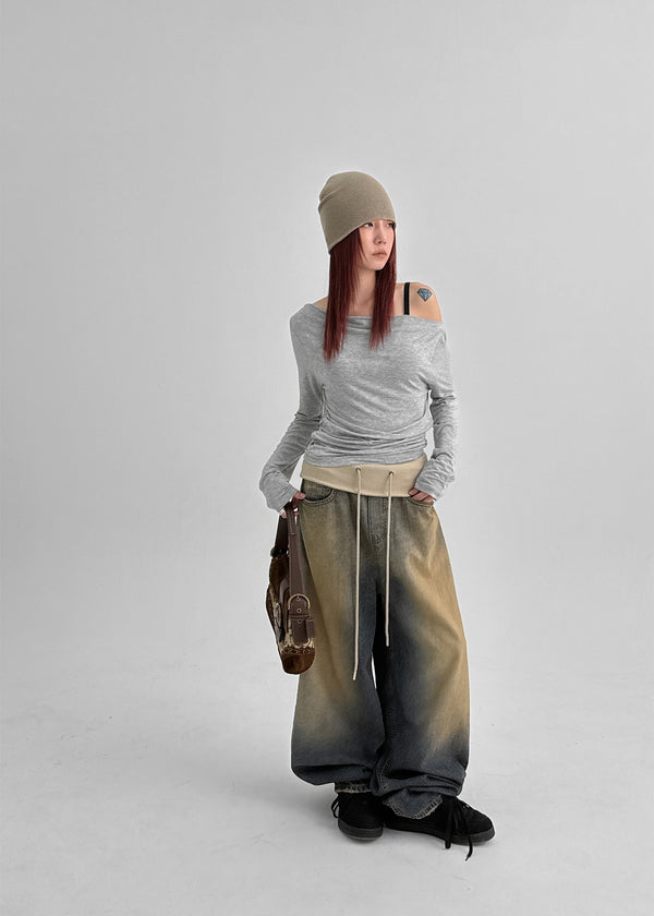 Tumble Washed Folding Wide Denim Pants