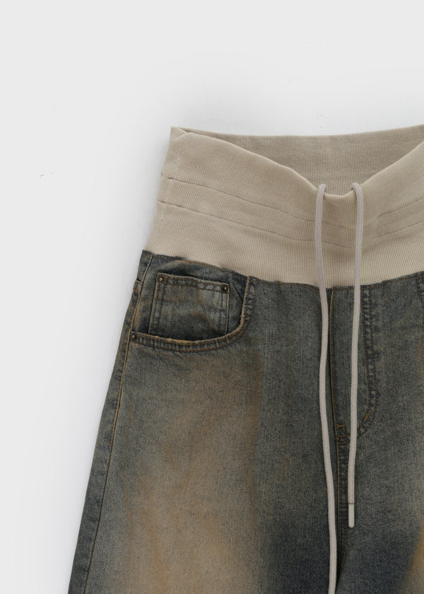 Tumble Washed Folding Wide Denim Pants