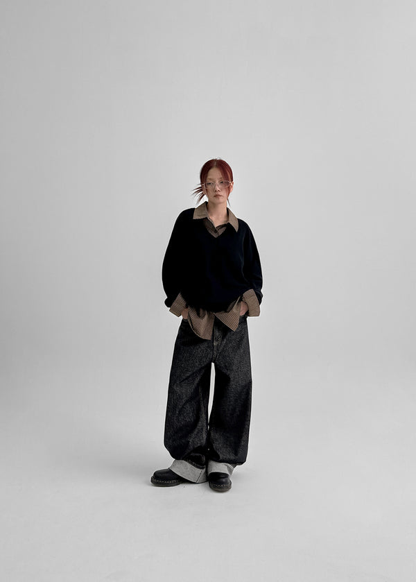 Crewy Label Patch Roll-up Raw Denim Pants