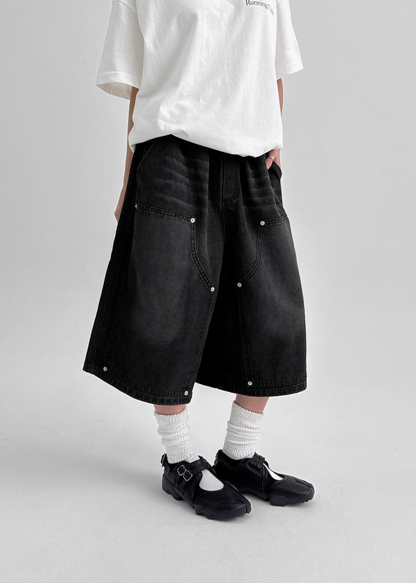 (UNISEX) Tenper Rivet Banding Denim Bermuda Shorts