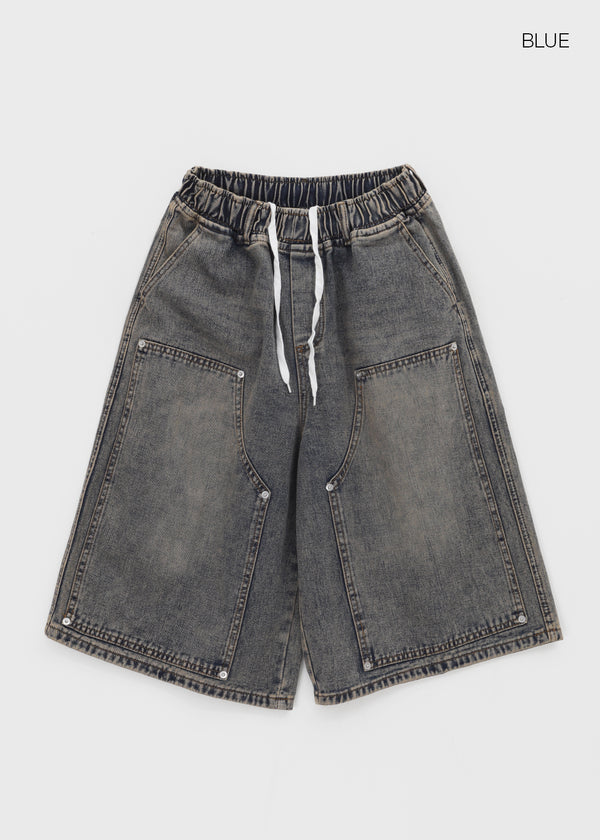 (UNISEX) Tenper Rivet Banding Denim Bermuda Shorts