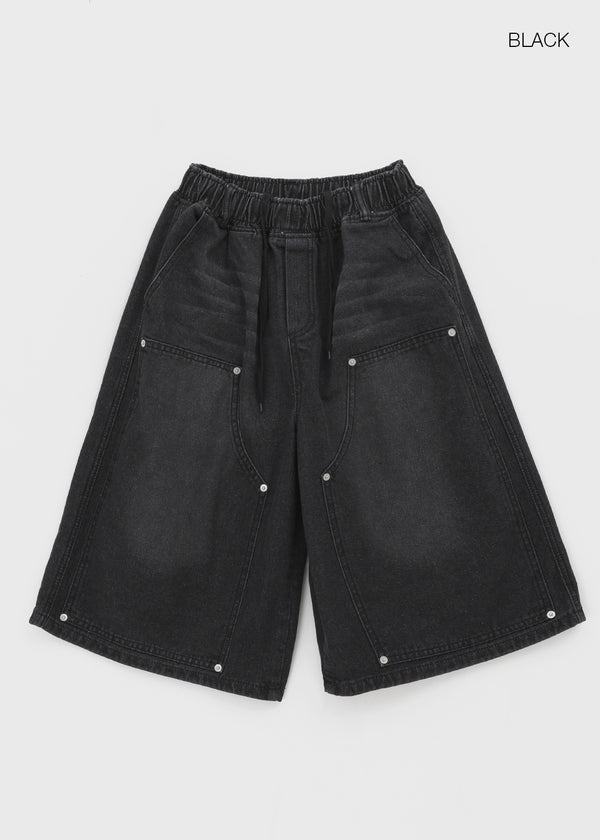 (UNISEX) Tenper Rivet Banding Denim Bermuda Shorts