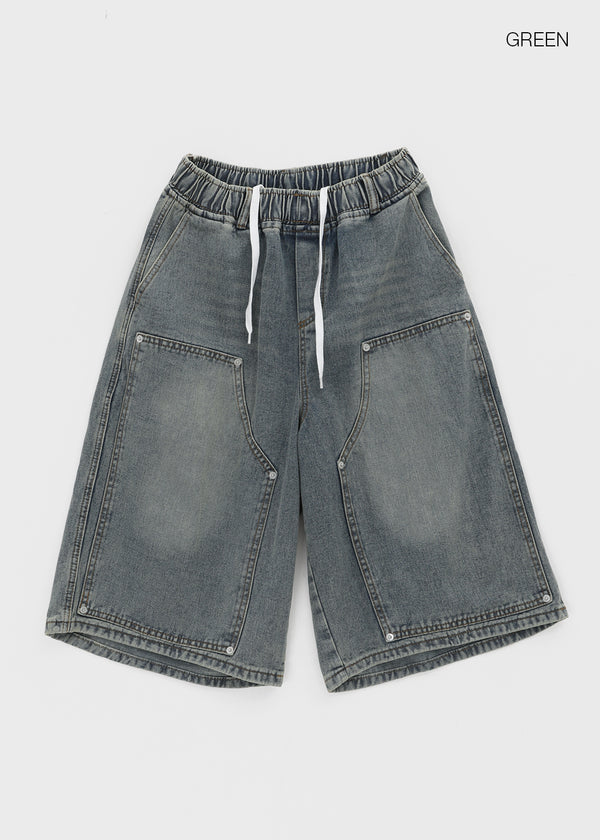 (UNISEX) Tenper Rivet Banding Denim Bermuda Shorts