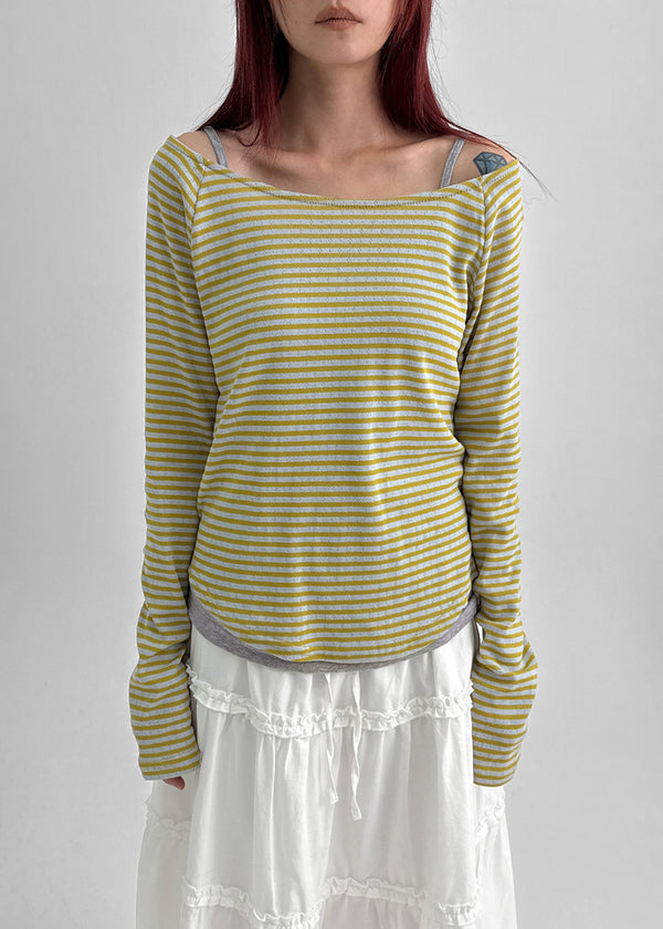 Butt Stripe Punching Boat Neck Long Sleeve T-shirt