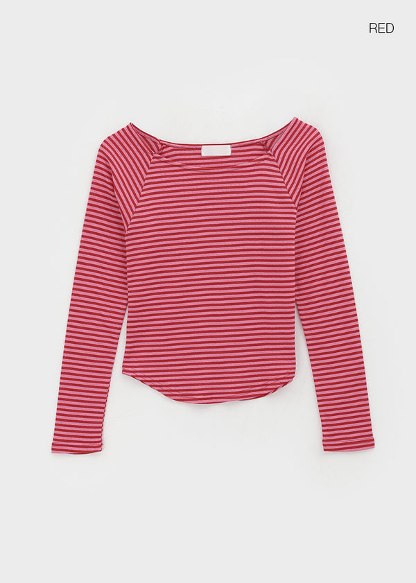 Butt Stripe Punching Boat Neck Long Sleeve T-shirt