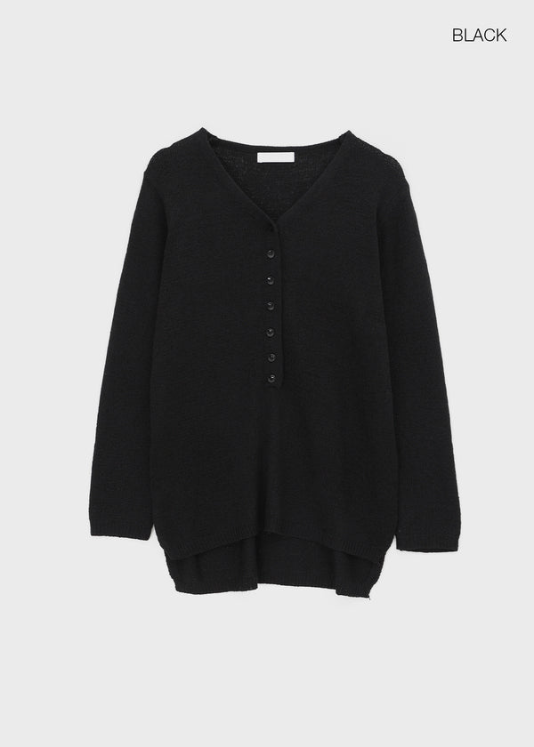 Hava Loose Fit Slit Henley Neck Knit Long Sleeve Tee