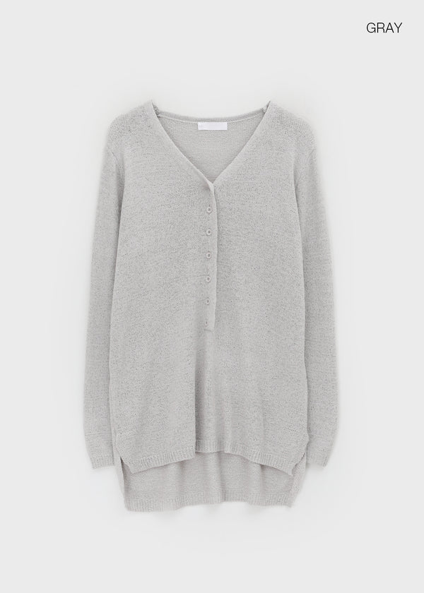 Hava Loose Fit Slit Henley Neck Knit Long Sleeve Tee