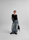 Remel Curved Washed Balloon Wide Denim Pants