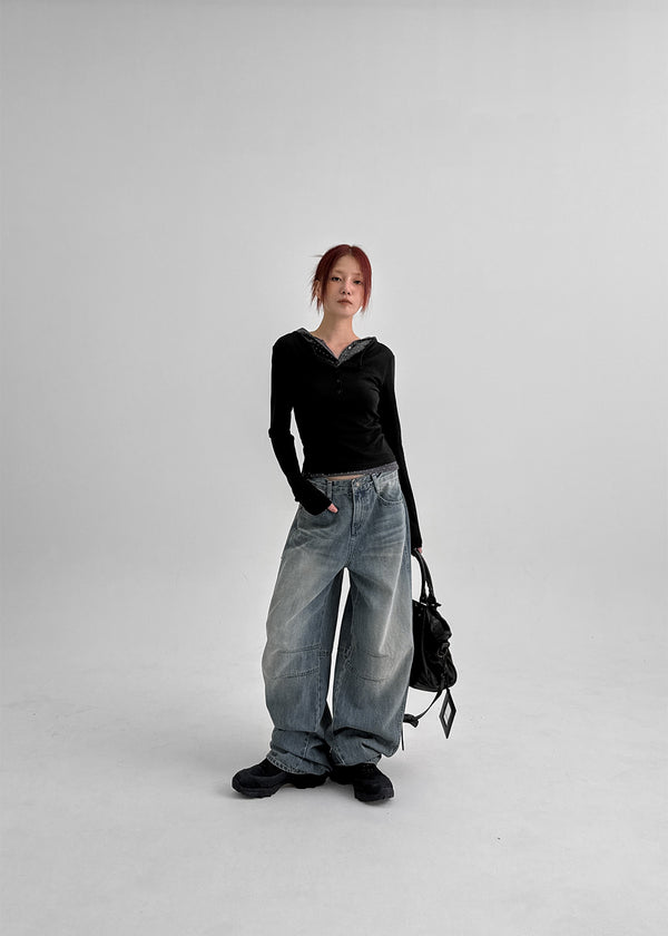 Remel Curved Washed Balloon Wide Denim Pants