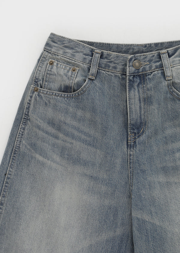 Remel Curved Washed Balloon Wide Denim Pants